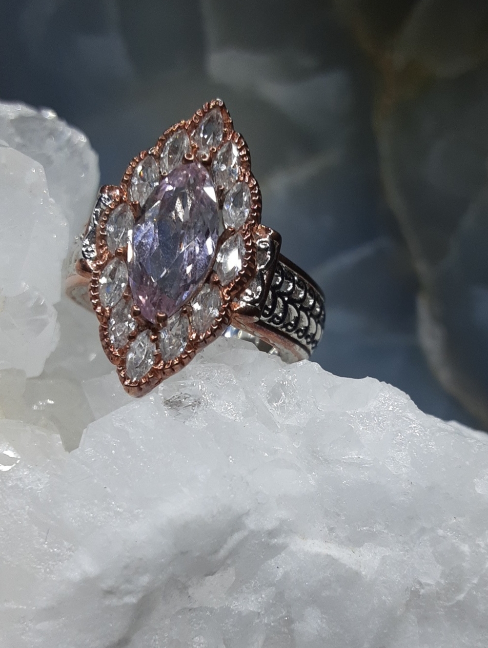 925 Genuine Pink Kunzite, White Zircon Ring.